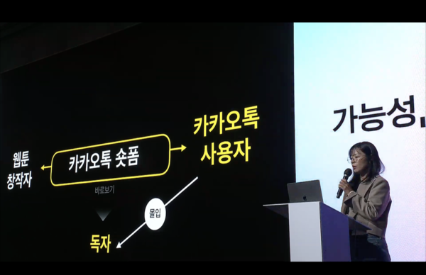 23일 용인시 카카오AI캠퍼스에서 열린 ‘이프 카카오 25’ 콘퍼런스에서 김미선 카카오엔터테인먼트 팀장이 헬릭스 숏츠를 소개하고 있다. /사진=유튜브